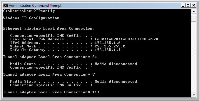 DOS window showing settings revealed using IPCONFIG